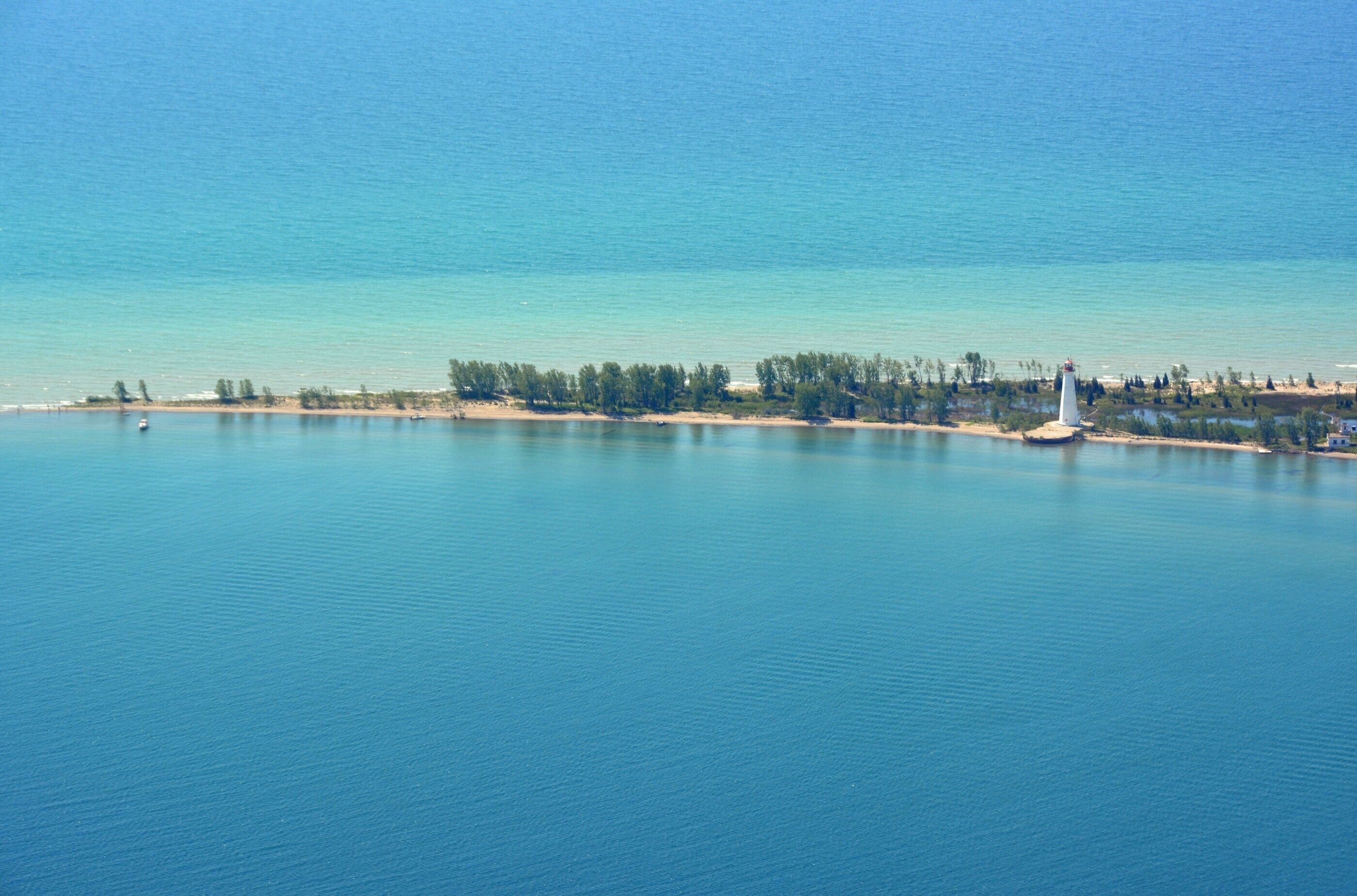 aerial view of the tip  of the Long Point Peninsula on the north shore of Lake Erie;  Elgin County, Ontario, Canada