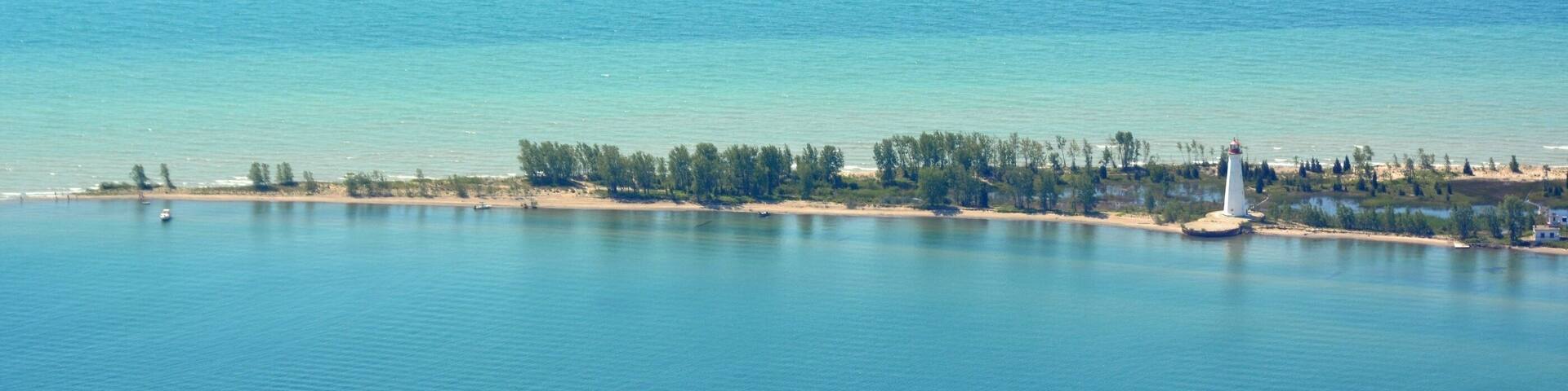 aerial view of the tip of the Long Point Peninsula on the north shore of Lake Erie; Elgin County, Ontario, Canada