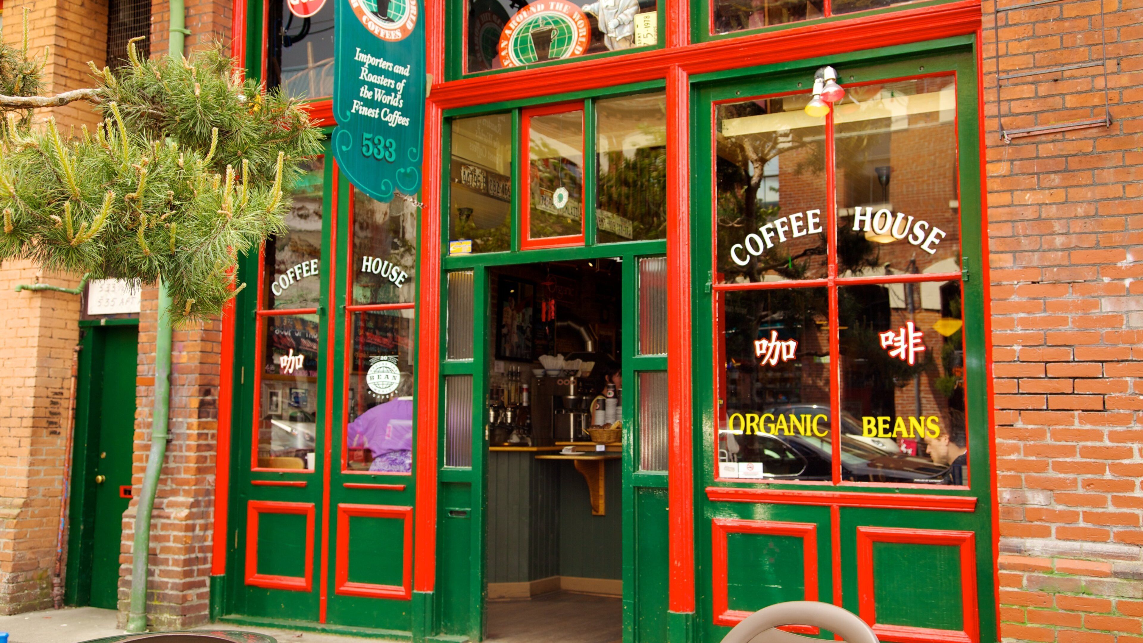 Victoria mostrando estilo de vida de cafeteria, sinalização e distrito comercial central