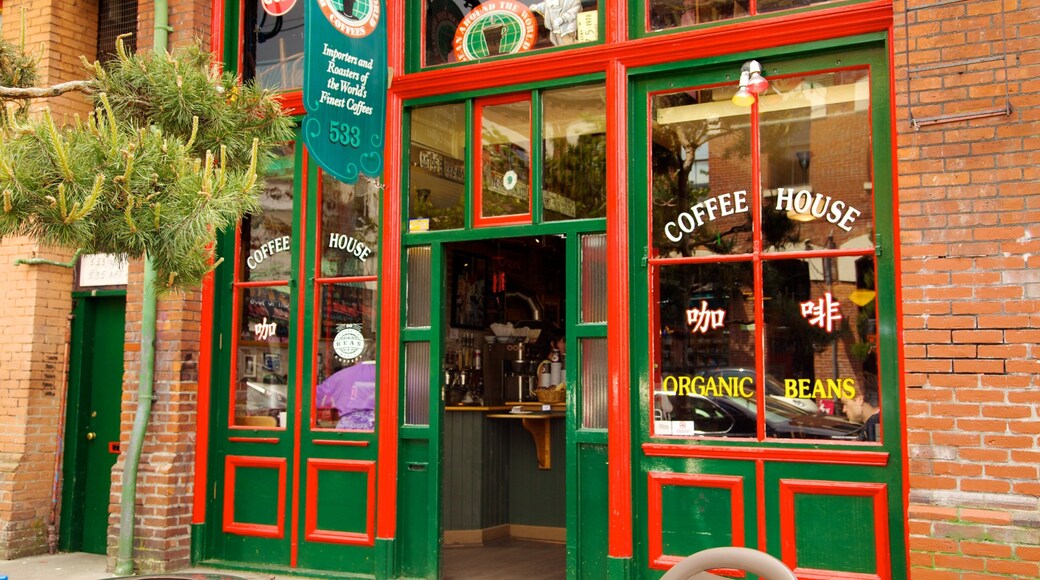 Victoria mostrando estilo de vida de cafeteria, sinalização e distrito comercial central