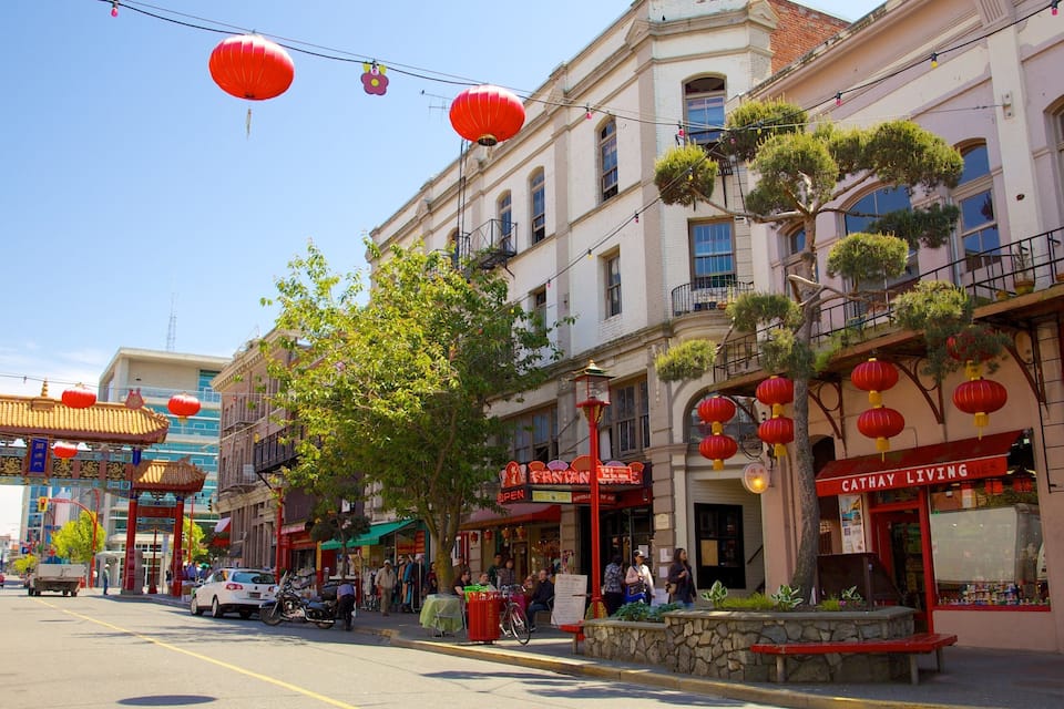 A street lined with traditional buildings, red lanterns, and a sign for Cathay Living.