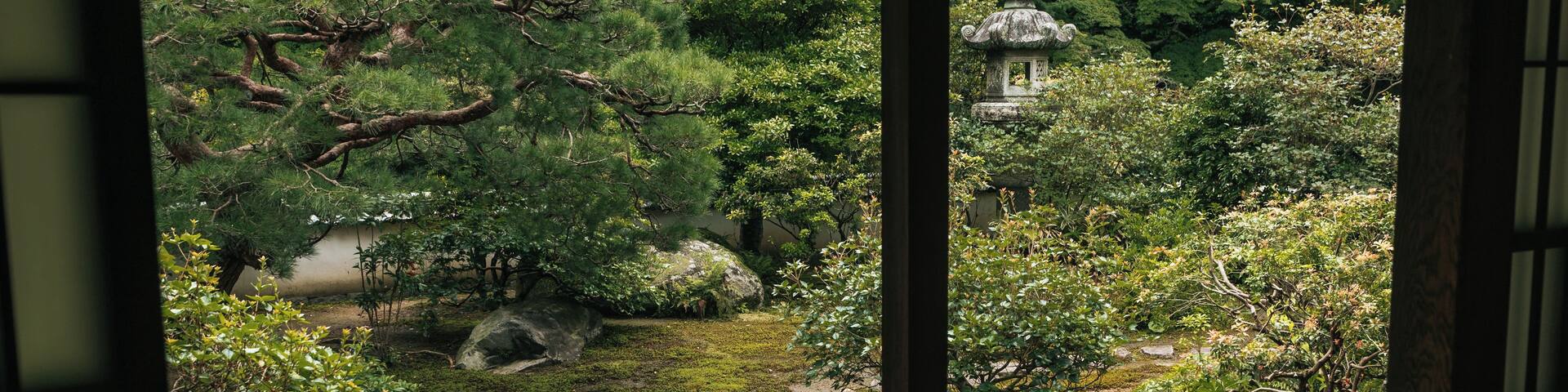 A traditional Japanese garden with a stone path, moss, and a pagoda.
