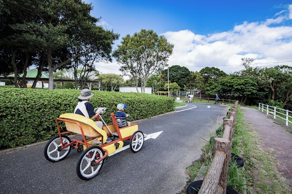 Une personne se trouve dans un chariot jaune sur une route asphaltée, une flèche blanche indiquant la direction, le tout étant entouré de verdure et d’arbres.