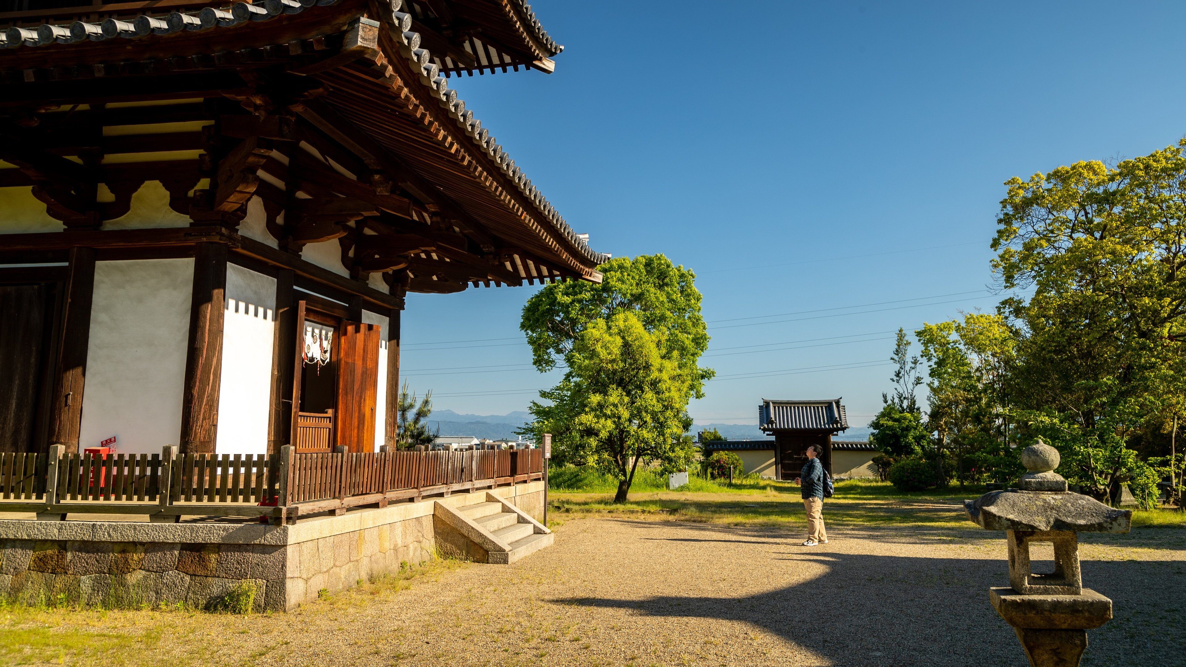 Hokiji Temple featuring a temple or place of worship and heritage elements as well as an individual male