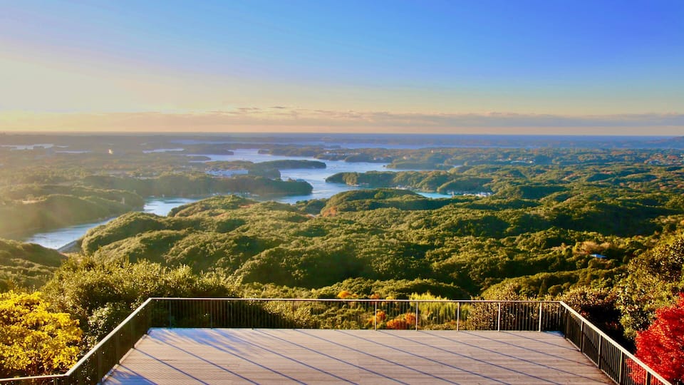 A wooden observation deck overlooking a lush landscape with dense greenery and a river.