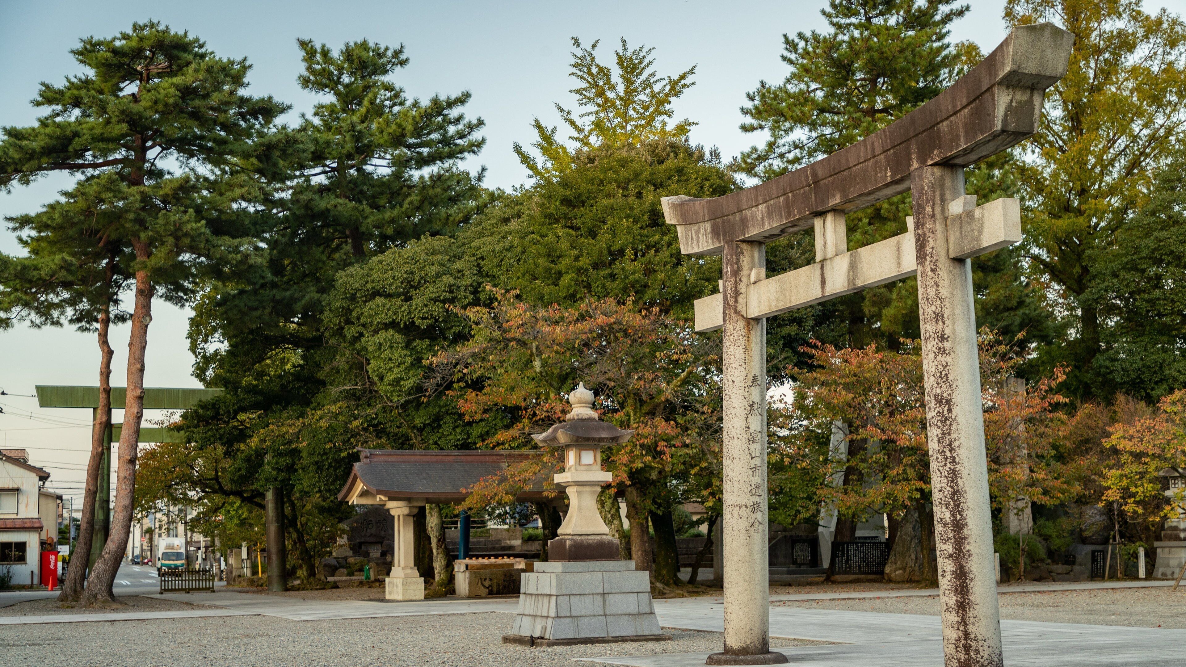 A traditional Japanese torii gate, a stone lantern, and a pagoda in a park with trees and a clear sky.