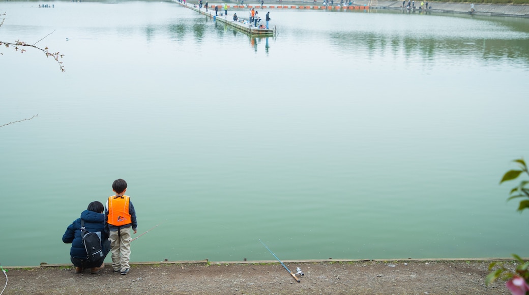 Lake Higashiyama showing fishing and a lake or waterhole as well as a family