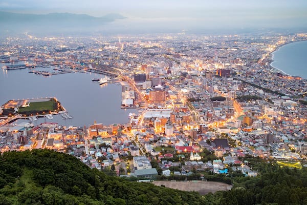 Un paysage urbain côtier comprenant un port, une zone urbaine densément peuplée et une colline remarquable, couverte de végétation.