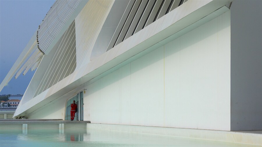 Museum of Tomorrow which includes modern architecture and a pond