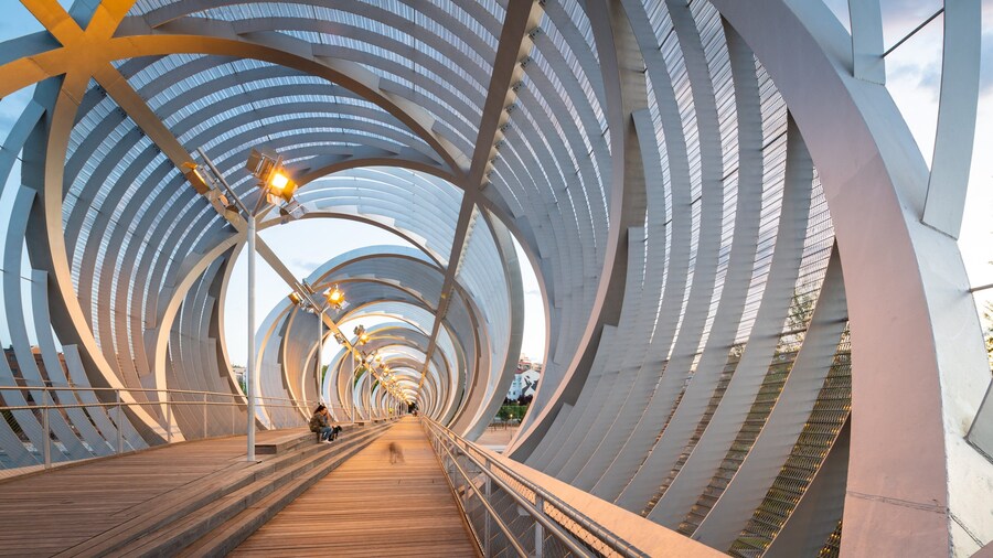 Puente Monumental Parque de Arganzuela showing a sunset and a bridge