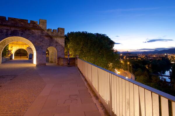A stone bridge with arches at twilight.