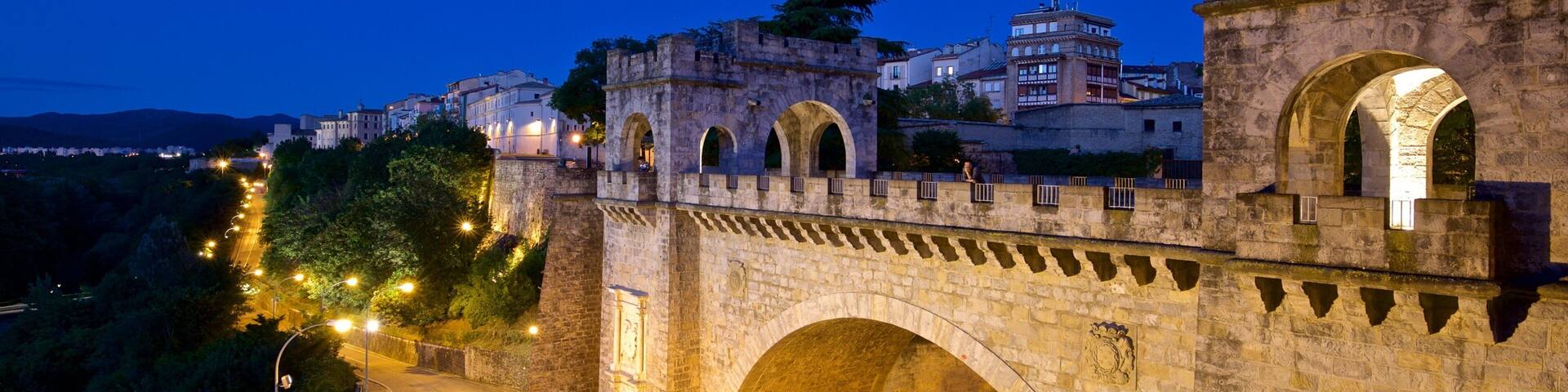 Pamplona\'s City Walls and Interpretation Centre featuring heritage architecture, night scenes and a bridge