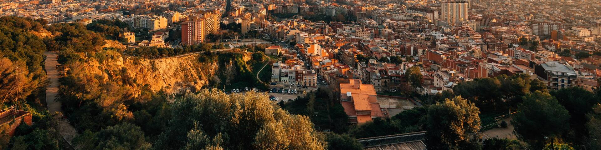 A panoramic cityscape with a prominent hill in the foreground, dense urban buildings, and a clear sky.