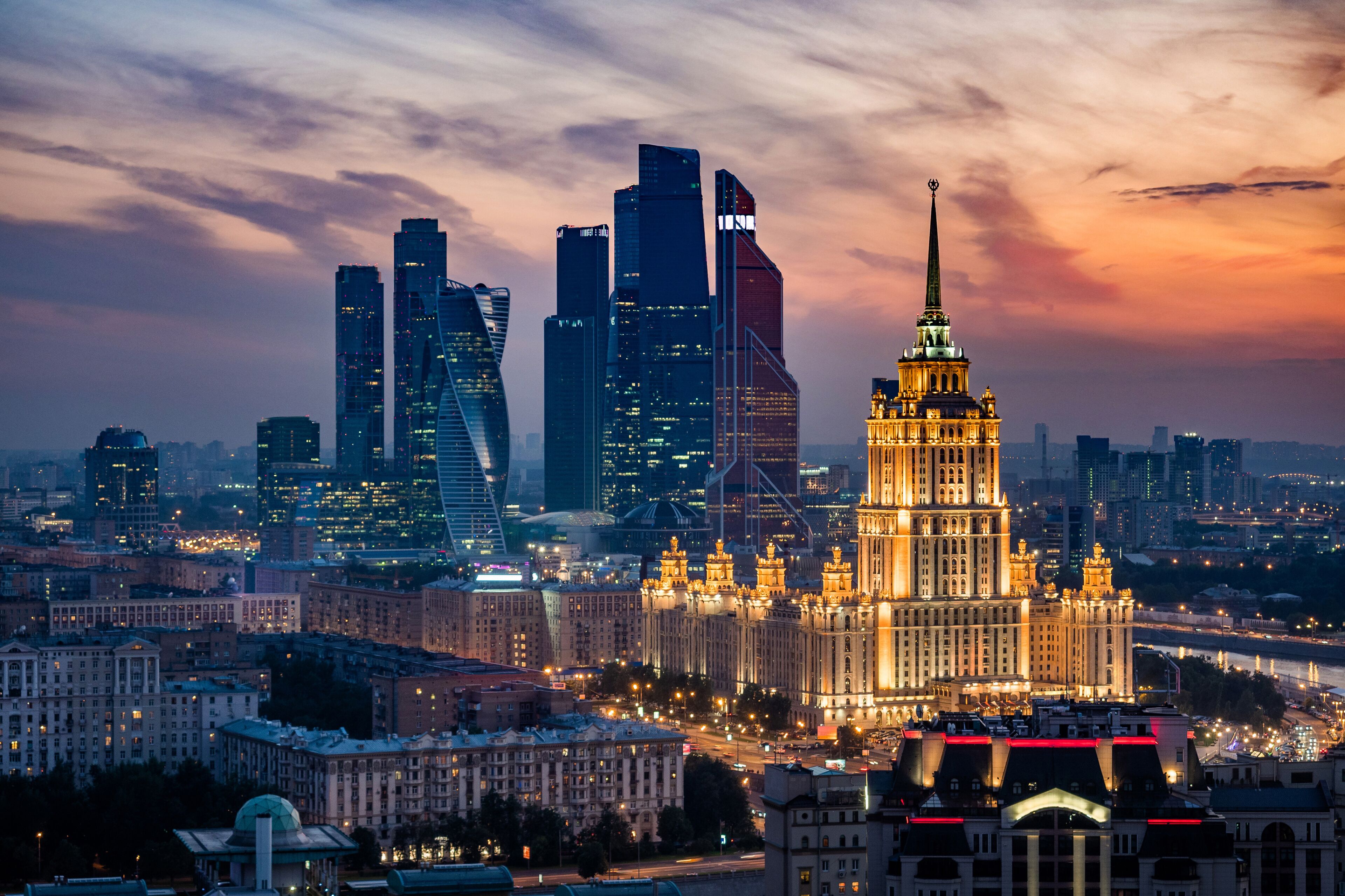 Aerial View of Moscow City Skyline at Sunset, Moscow, Russia