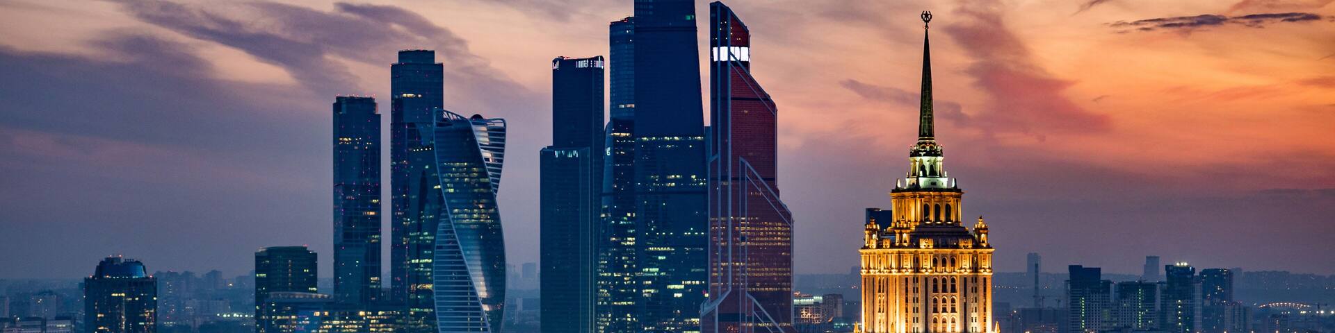 Aerial View of Moscow City Skyline at Sunset, Moscow, Russia