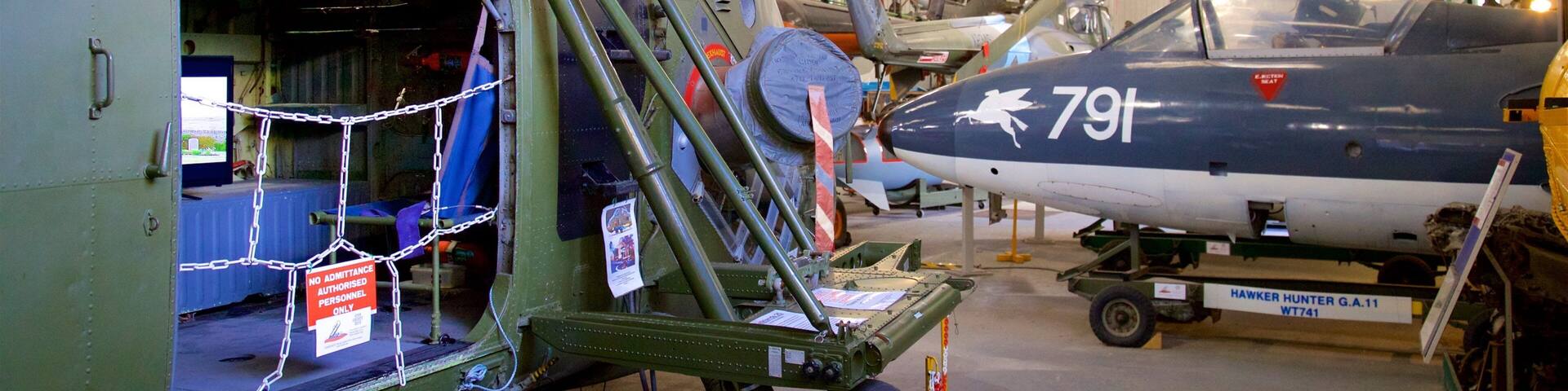 South Yorkshire Aircraft Museum featuring military items, interior views and aircraft