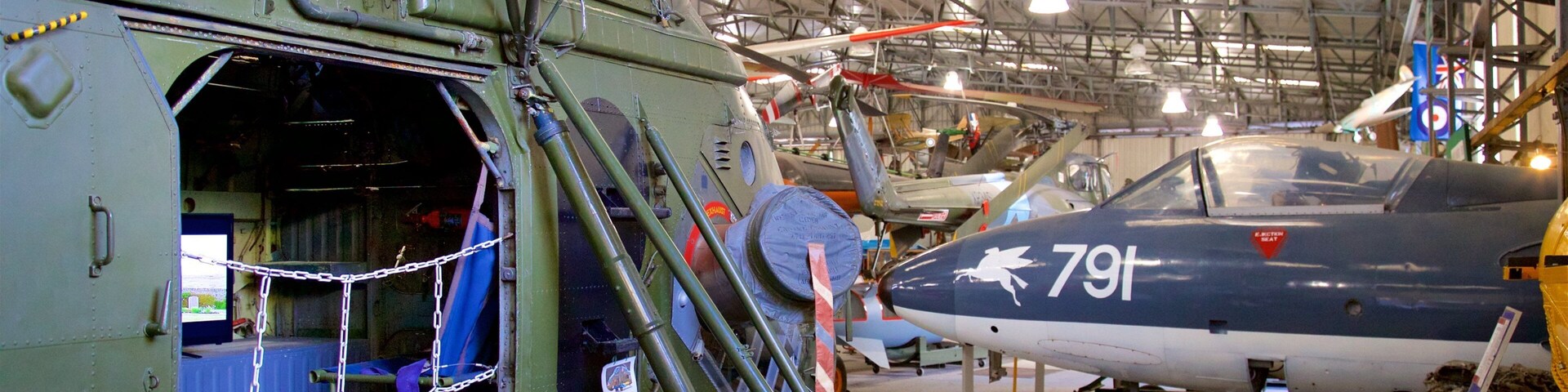 South Yorkshire Aircraft Museum featuring military items, interior views and aircraft