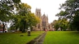 A church with a tall spire and Gothic architecture, surrounded by trees and a grassy lawn.