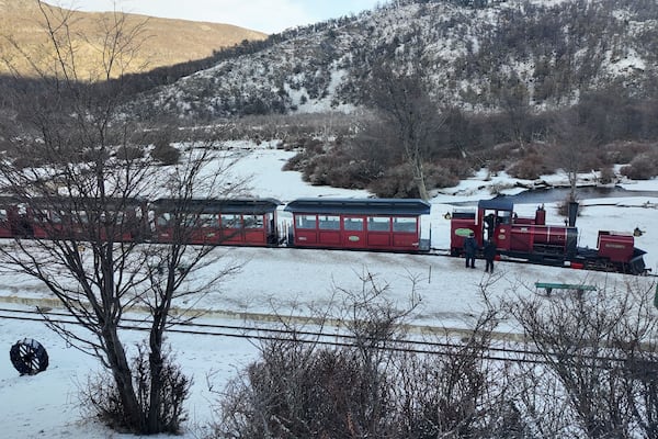 Ushuaia Argentina. Landmark train station of Ushuaia City at Tierra del Fuego National Park. Patagonia Argentina. Called End of the World – Fin Del Mundo – Train. Ushuaia Argentina Tierra del Fuego.