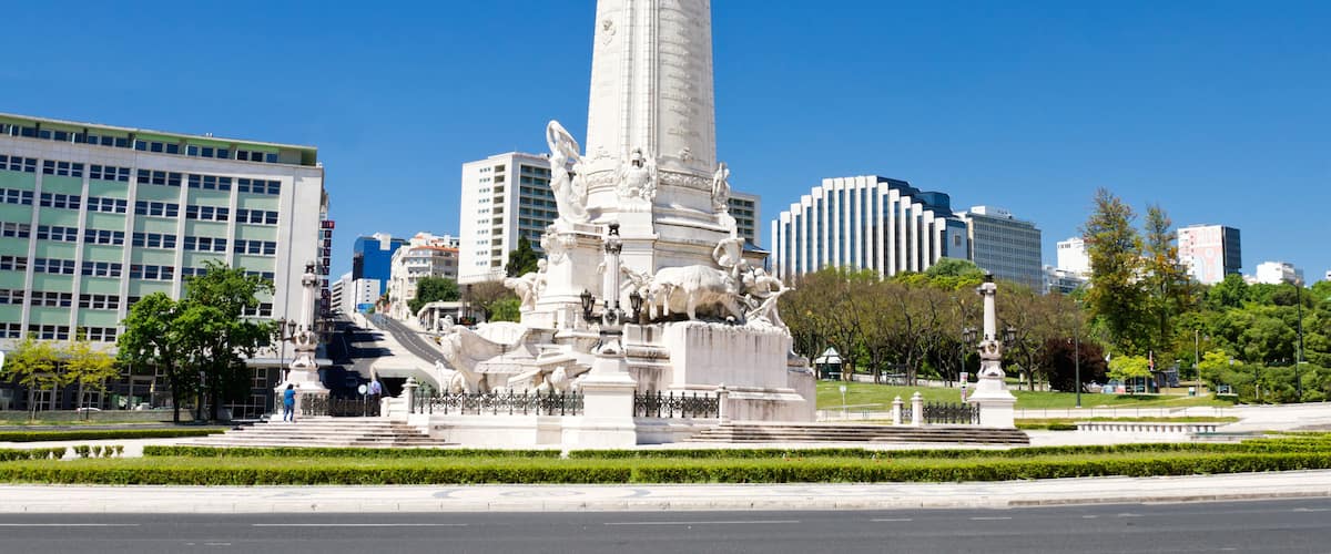 round about enclosing famous Marques do Pombal statue with lion and square in Lisbon,  Portugal