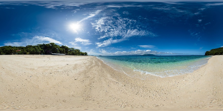 Crystal clear water crashing on sandy beach in Cobrador Island. Romblon, Philippines. VR 360.