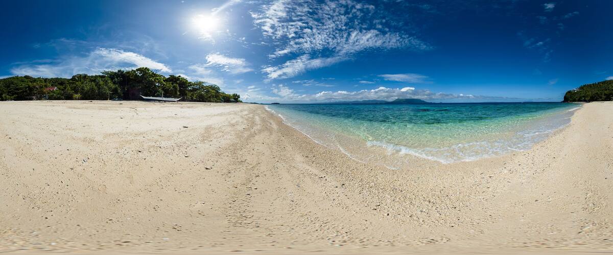A beach with clear turquoise water, a sandy shore, and a forested area in the background.