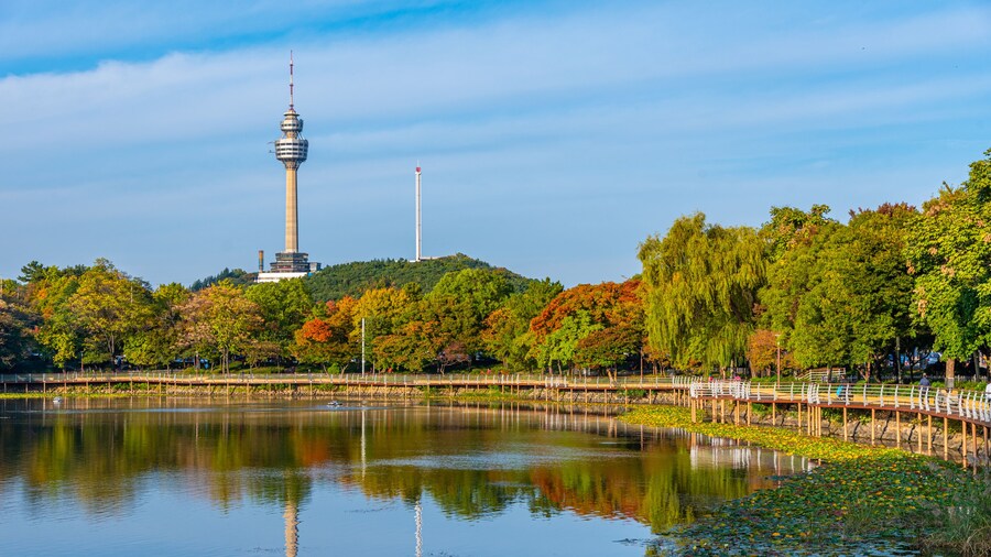 83 Tower behind an artificial lake in Daegu, Republic of Korea