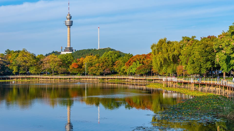 83 Tower behind an artificial lake in Daegu, Republic of Korea