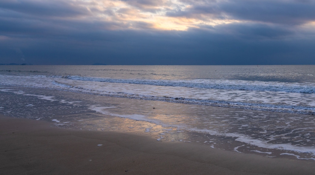 tranquil seascape with surfs on the beach during sunset