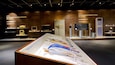 A museum exhibit with vintage computers and a timeline of technological advancements.