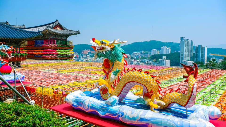 Aerial view of Samgwangsa temple in Busan city of South Korea. Thousands of paper lanterns decorate Samgwangsa Temple in Busan, South Korea.