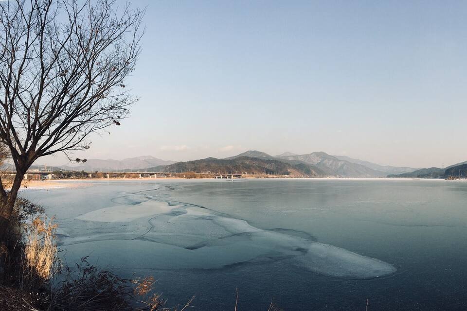 A frozen lake with mountains in the background and a tree in the foreground.