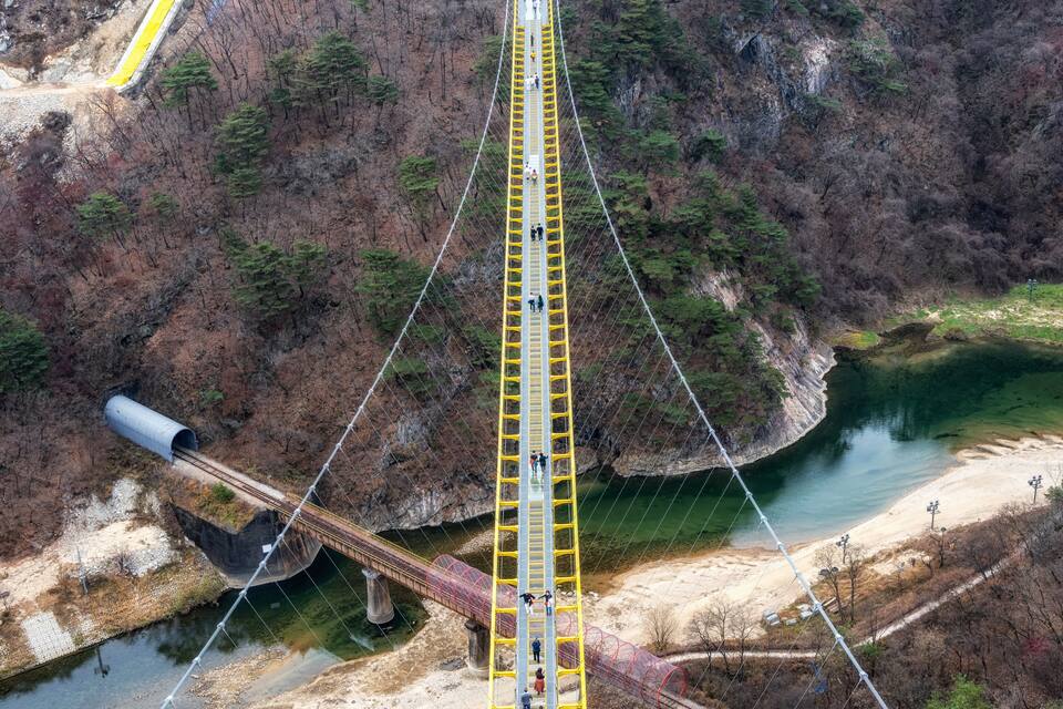 Un puente colgante sobre un río, con un risco pedregoso y vegetación escasa.