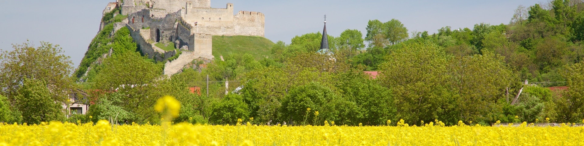Eslováquia caracterizando ruínas de edifício, fazenda e um pequeno castelo ou palácio