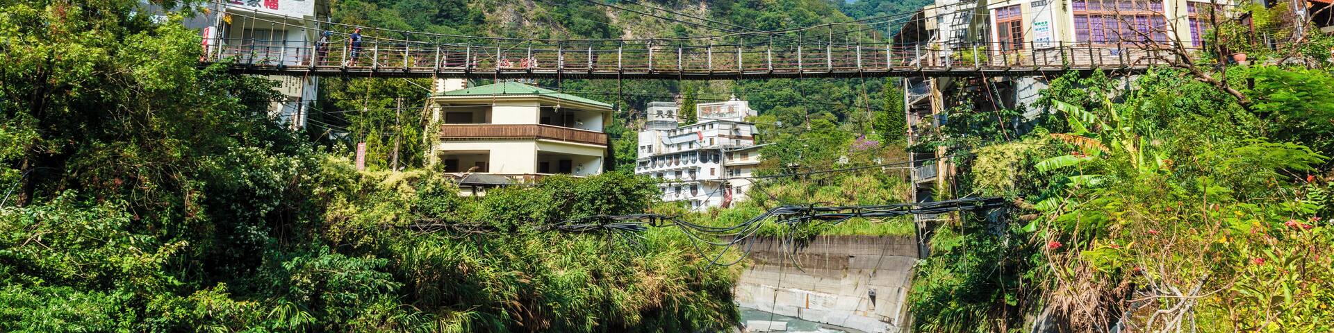 Un puente sobre un río, rodeado de exuberante vegetación y edificios.