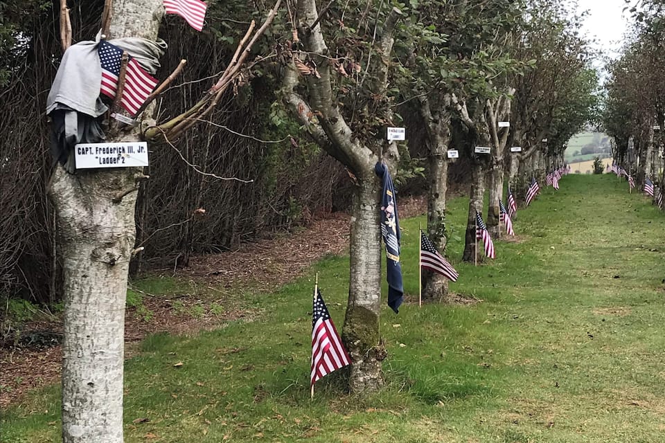 Un cimetière orné de drapeaux américains et sur lequel on peut voir, sur un arbre, une plaque commémorative au capitaine Frederick III, fils.
