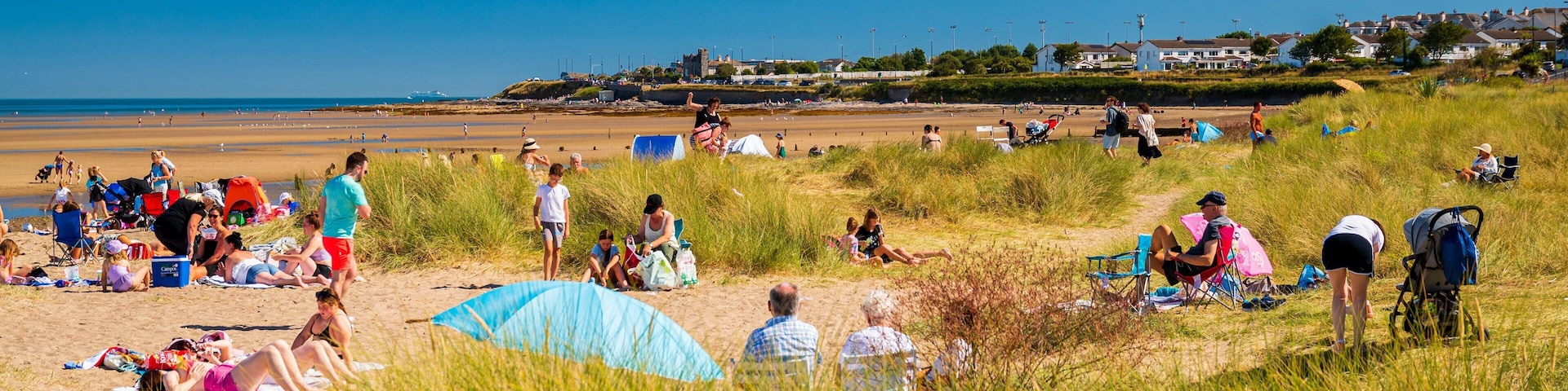 Malahide Beach showing a beach and general coastal views as well as a large group of people
