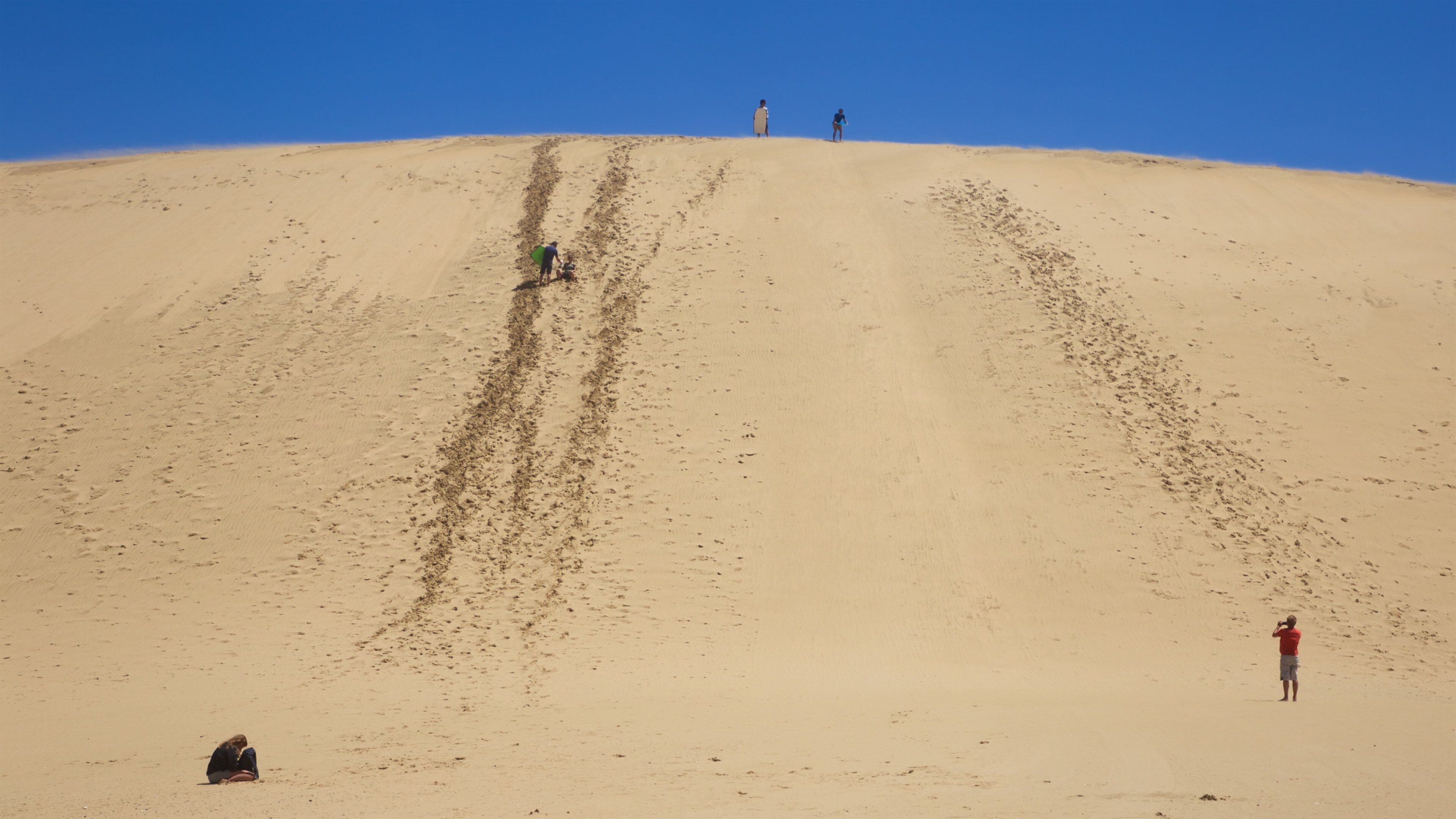 Te Paki Sand Dunes qui includes vues du désert et panoramas aussi bien que petit groupe de personnes