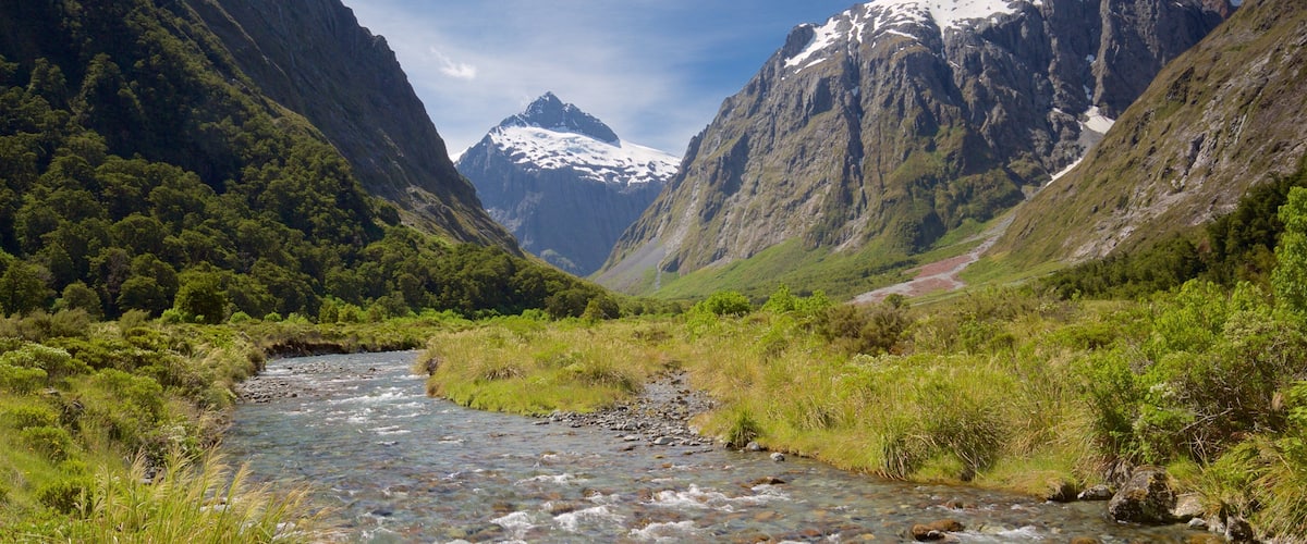 Fiordland National Park featuring a river or creek and mountains