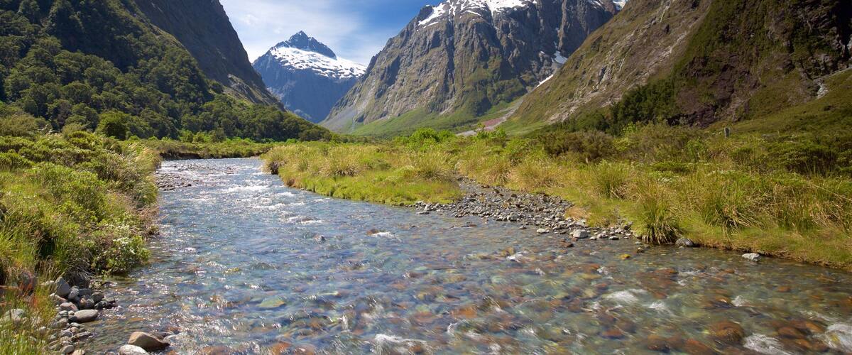 Fiordland National Park which includes mountains and a river or creek