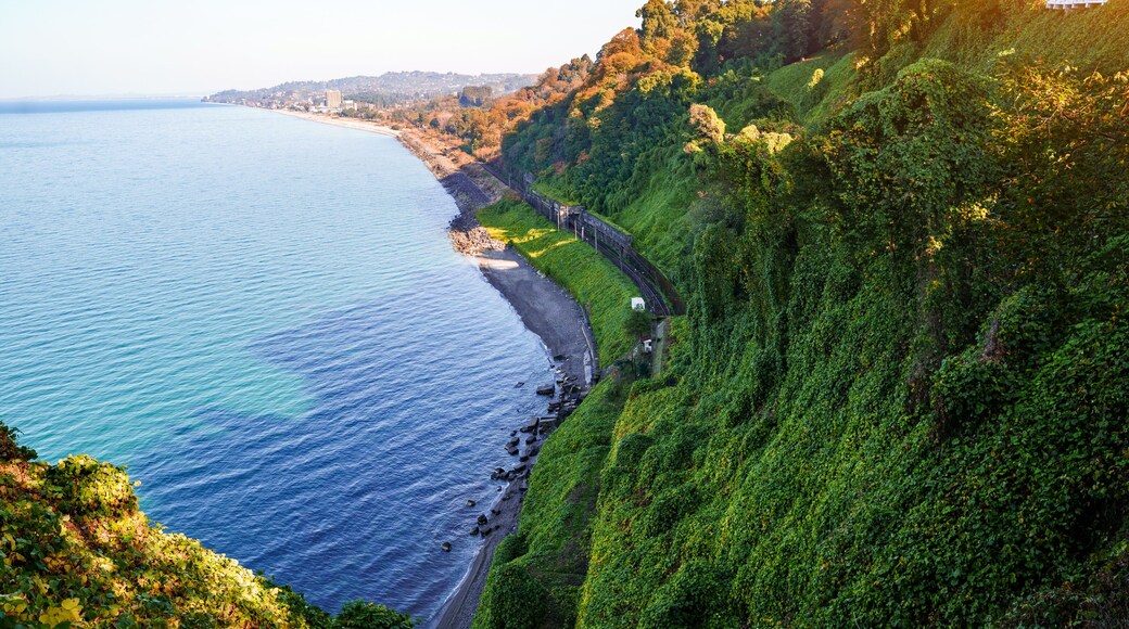 Beautiful, bewitching view of the blue sea, green cape and the railway from the botanical garden in Batumi Georgia in clear sunny day
