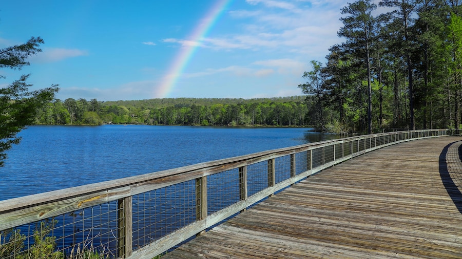 a long winding brown wooden bridge over a blue rippling lake surrounded by lush green trees and plants with blue sky, clouds and a rainbow in the sky at Callaway Gardens in Pine Mountain Georgia USA