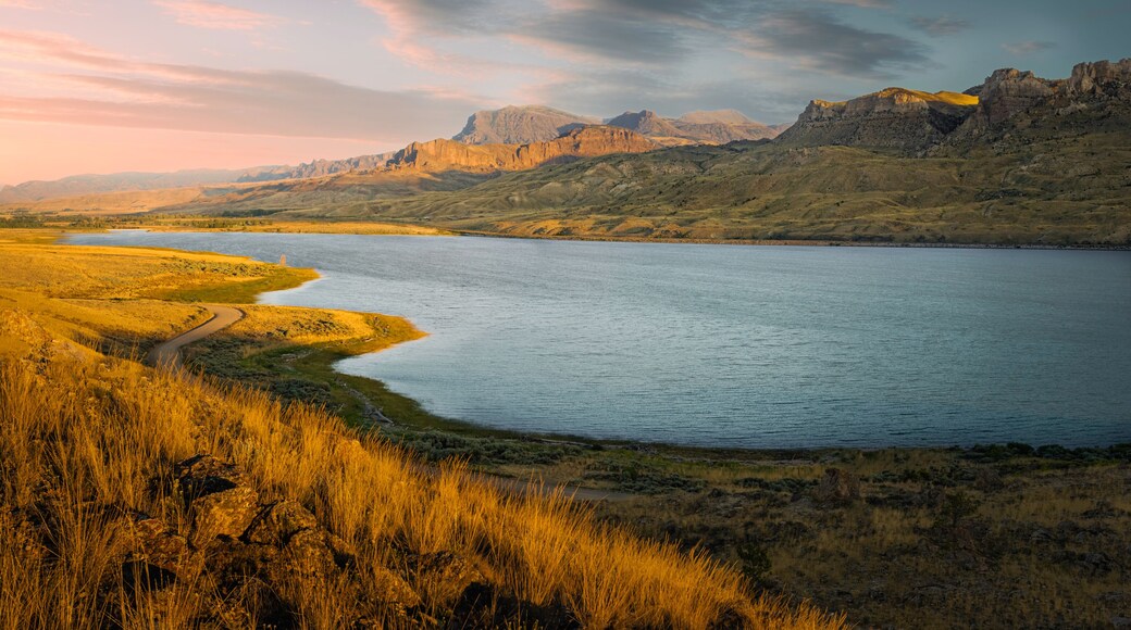 Shoshone river and foothills of Rocky Mountains near Cody, Wyoming, USA.