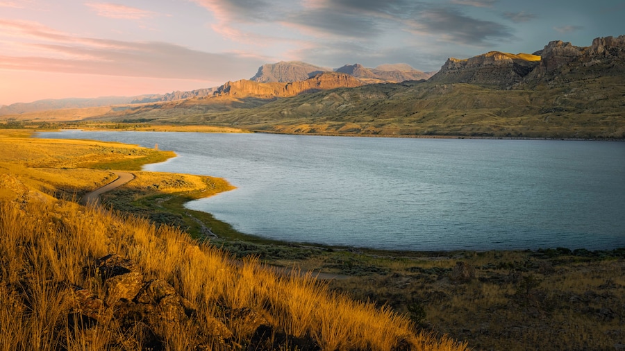 Shoshone river and foothills of Rocky Mountains near Cody, Wyoming, USA.