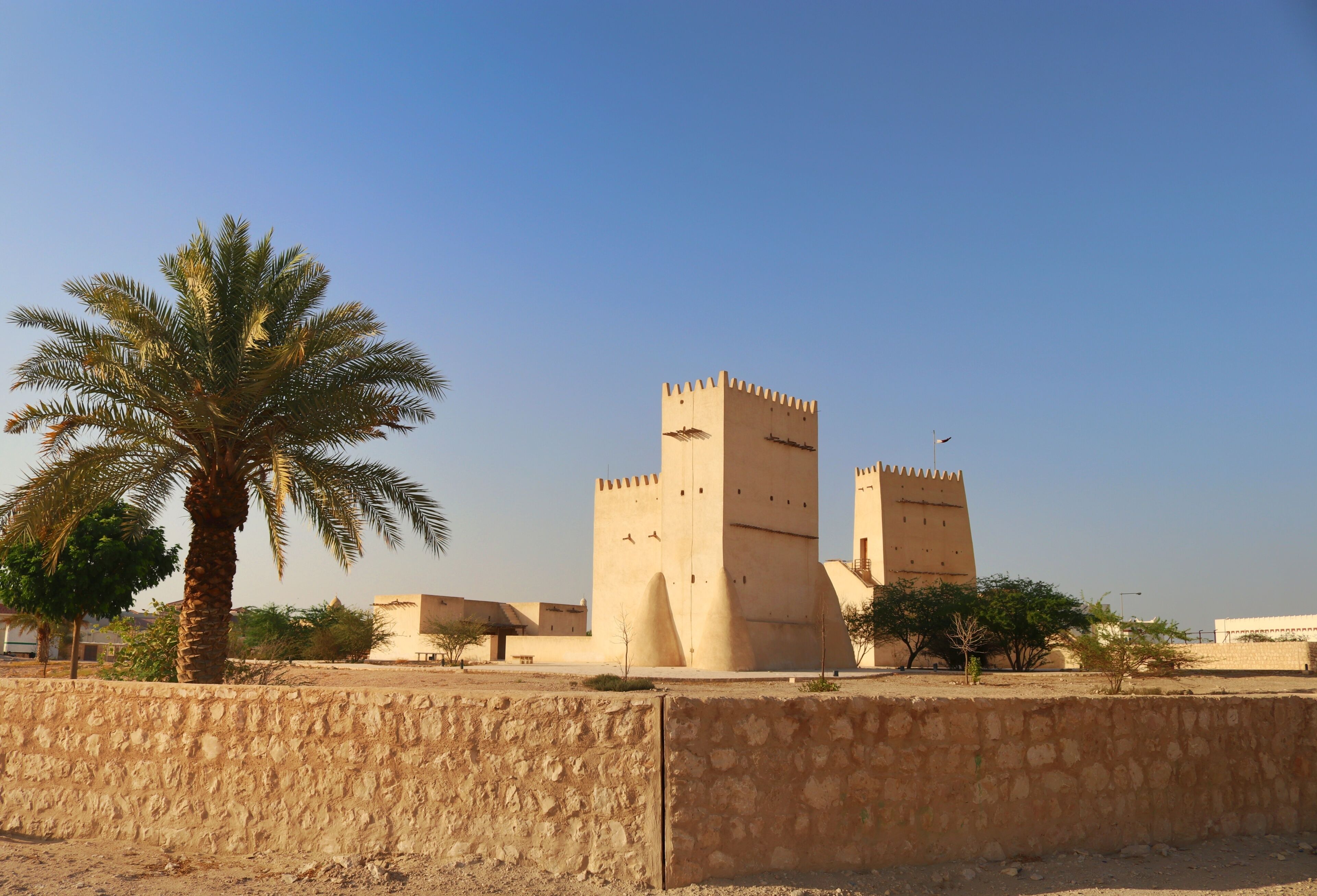 View of Barzan Towers(Umm Salal Mohammed Towers) were constructed in late 19th century and rebuilt in 1910 by Sheikh Mohammed bin Jassim Al Thani in Doha, Qatar 