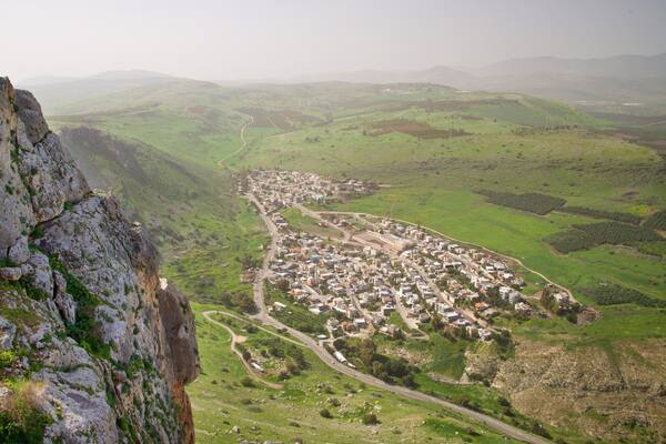 Mount Arbel which includes landscape views, tranquil scenes and a small town or village