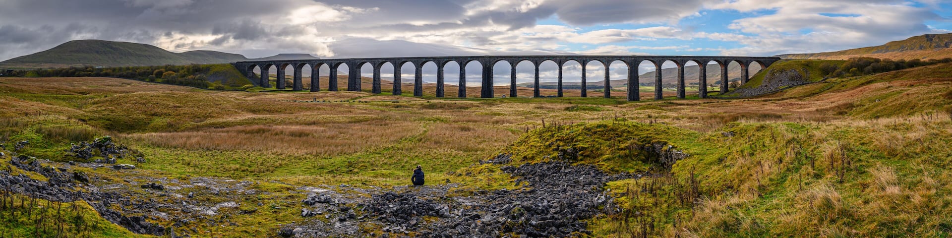 Panorama of Ribblehead Viaduct, which carries the Settle to Carlisle Railway across Batty Moss spanning 400 m and 32 m above the valley floor