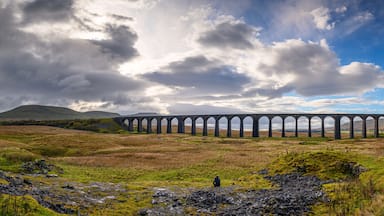 Panorama of Ribblehead Viaduct, which carries the Settle to Carlisle Railway across Batty Moss spanning 400 m and 32 m above the valley floor