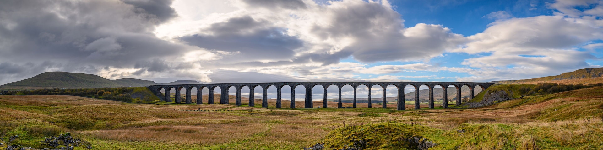 A viaduct over a valley with a person standing in the foreground.
