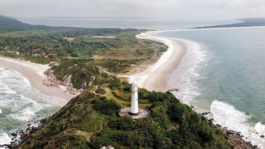 Lighthouse of Farol das Conchas, built in 1872, Ilha do Mel, Paranagua, Parana State, Brazil, Panoramic view. July 2018.
